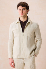 Beige linnen overhemdjas met ritssluiting voor heren, lichtgewicht zomeroverhemd