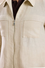 Beige linnen overhemdjas met ritssluiting voor heren, lichtgewicht zomeroverhemd