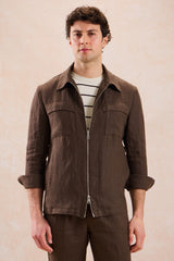 Bruin linnen smart casual tweedelig herenpak met ritssluiting aan de voorkant, safari-stijl, zomer