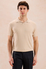 Beige geribbelde gebreide poloshirt voor heren