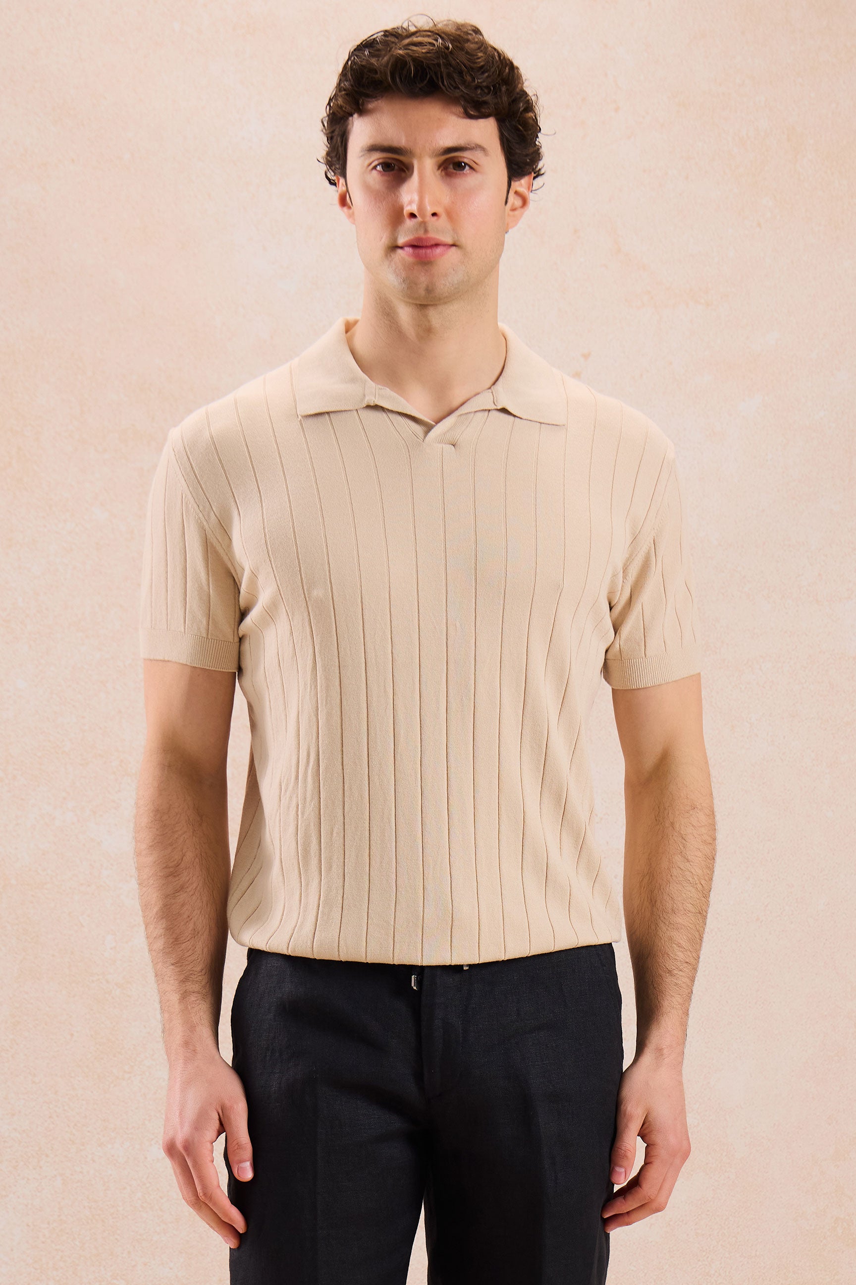 Beige geribbelde gebreide poloshirt voor heren