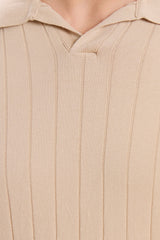 Beige geribbelde gebreide poloshirt voor heren
