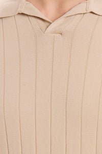 Beige geribbelde gebreide poloshirt voor heren