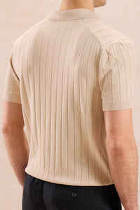 Beige geribbelde gebreide poloshirt voor heren