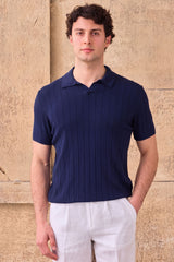 Donkerblauwe gebreide polo met ribbels voor heren