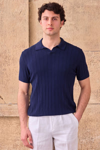 Donkerblauwe gebreide polo met ribbels voor heren