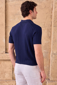 Donkerblauwe gebreide polo met ribbels voor heren