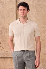Crèmekleurig geribbeld gebreid poloshirt voor heren