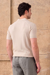 Crèmekleurig geribbeld gebreid poloshirt voor heren