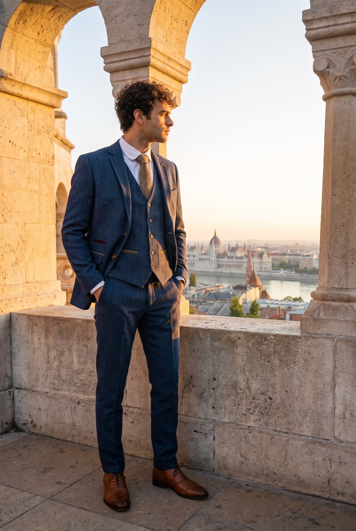 Look #365 styled with Scott heren blauw 3-delig tweed geruit pak
