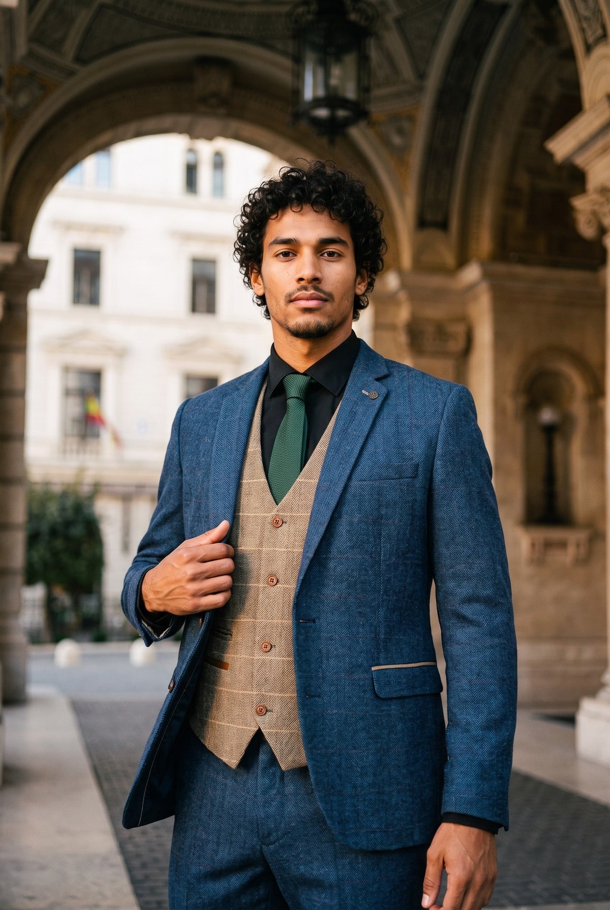 Look #984 styled with Marc Darcy Dion - Heren Blauw Bruin Driedelig Visgraat Tweed Geruit Vintage Tailored Fit Pak