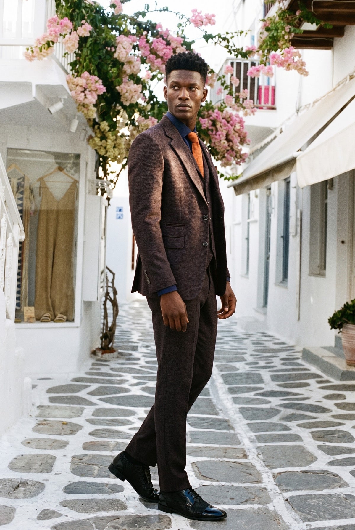 Look #993 styled with Heren Plum Herringbone Tweed 3-delig pak