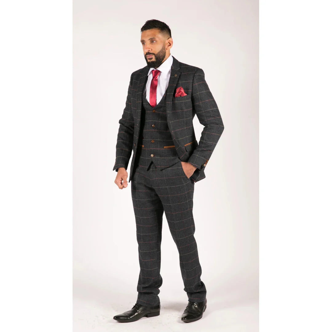 Marineblauwe herenruit visgraat tweed vintage 3-delig nieuw Marc Darcy pak