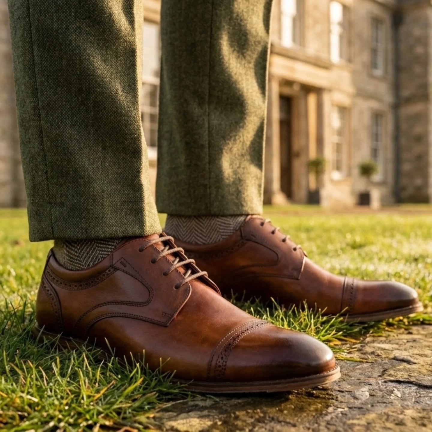 Everett - Bruine, gepolijste leren Derby-schoenen met neuskap voor heren