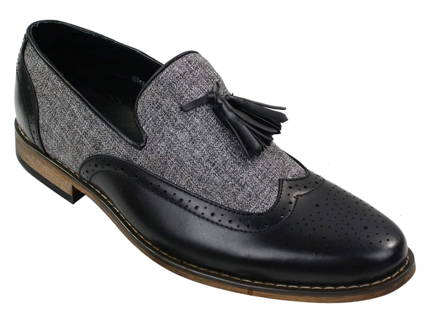Mens Tweed & Leather Loafers Driving Shoes Slip On Tassle Design Vintage Retro