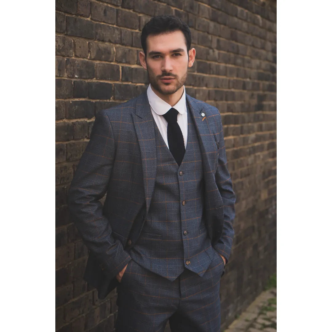 Gisborne Men's 3-Piece Navy Checked Suit with Mustard Accents