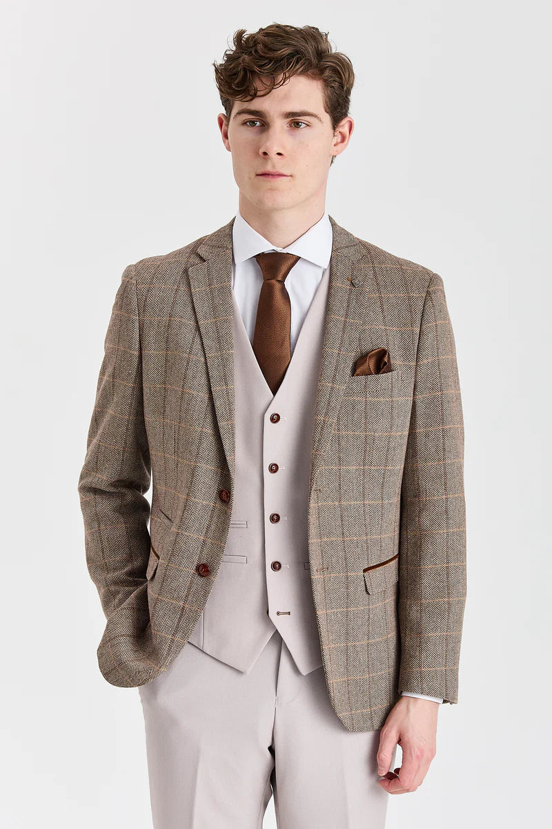 Harris Brown tweedpak met contrasterend steenkleurig vest en broek