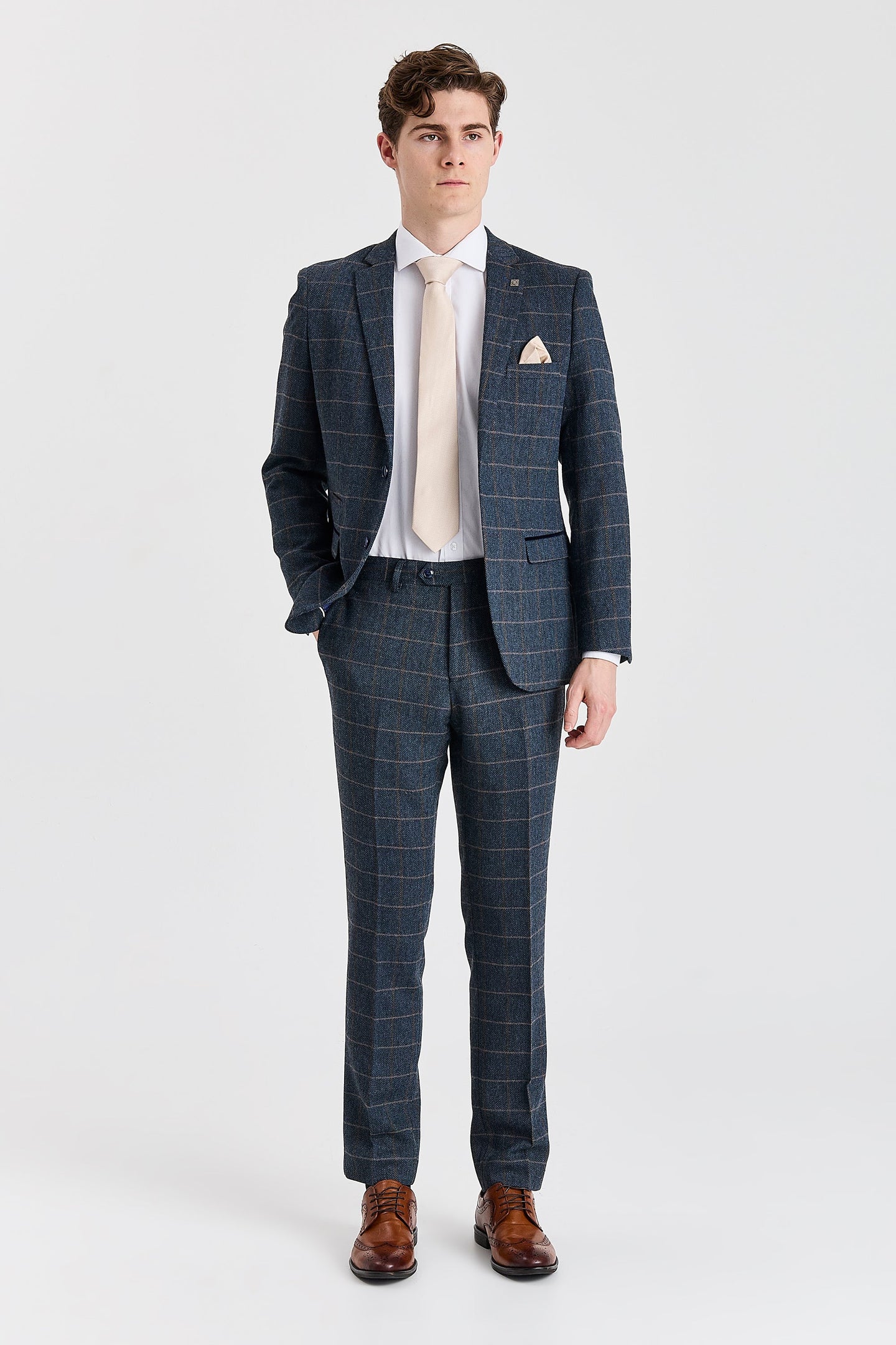 Harris - Marineblauw driedelig pak van wolmix tweed voor heren