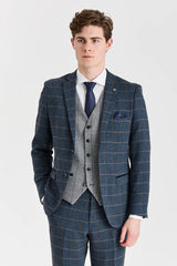 Harris marineblauwe tweedpak met Harris contrasterend grijs tweedvest.