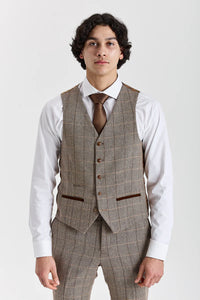 Harris - Tweed bruin vest met visgraatpatroon voor heren