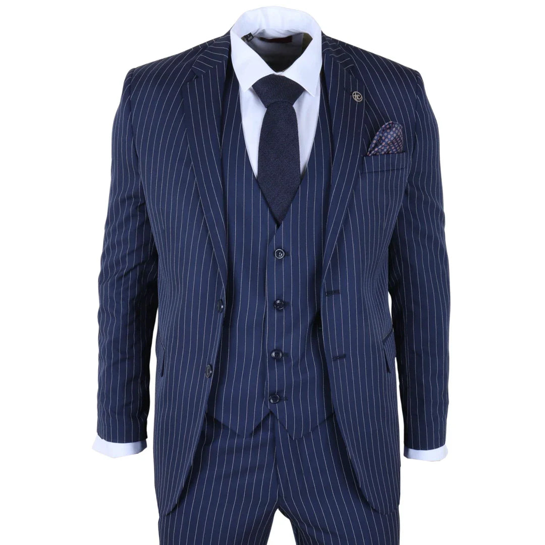 IM43 - Herenpak met krijtstreep, 3-delig, marineblauw, Shelby-stijl