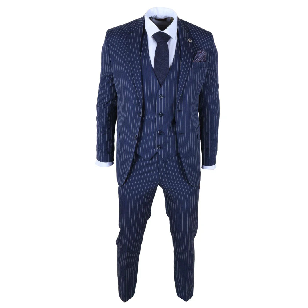 IM43 - Herenpak met krijtstreep, 3-delig, marineblauw, Shelby-stijl