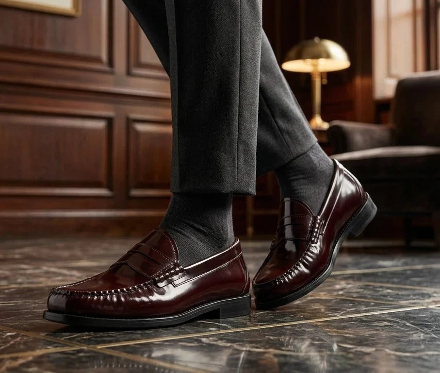 Joseph - Heren Penny Loafers van bordeauxrood lakleer