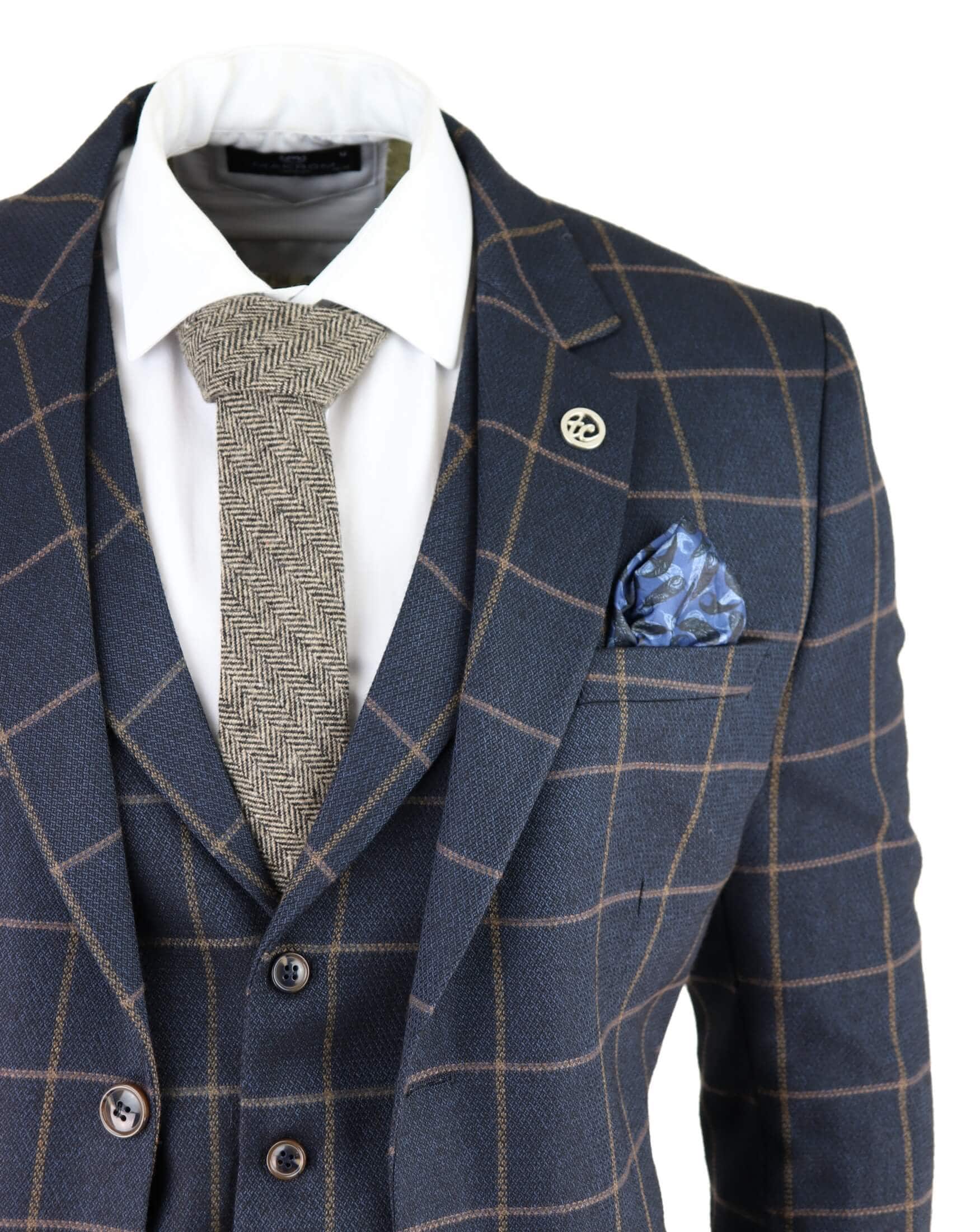 Mens Herringbone Tweed Check 3 Piece Wool Suit Peaky Blinders - Navy Blue