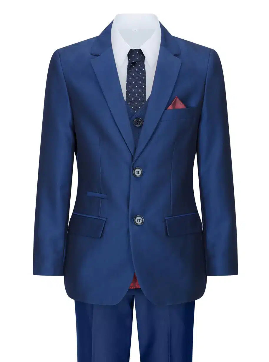 Boys 3 Piece Shiny Blue Wedding Party Suit Tailored Fit Smart Formal