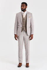 Leo Beige pak met contrasterend Harris Brown Tweed vest