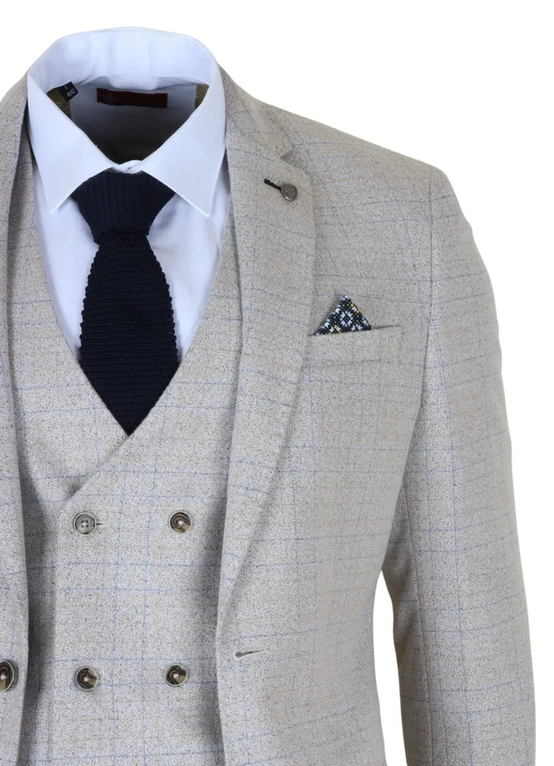 Luis - Heren crème geruit slim fit 3-delig pak