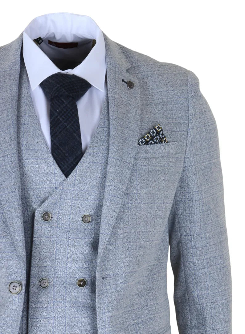 Luis - Lichtblauw geruit 3-delig herenpak met slim fit