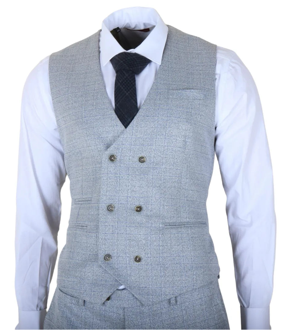 Luis - Lichtblauw geruit 3-delig herenpak met slim fit