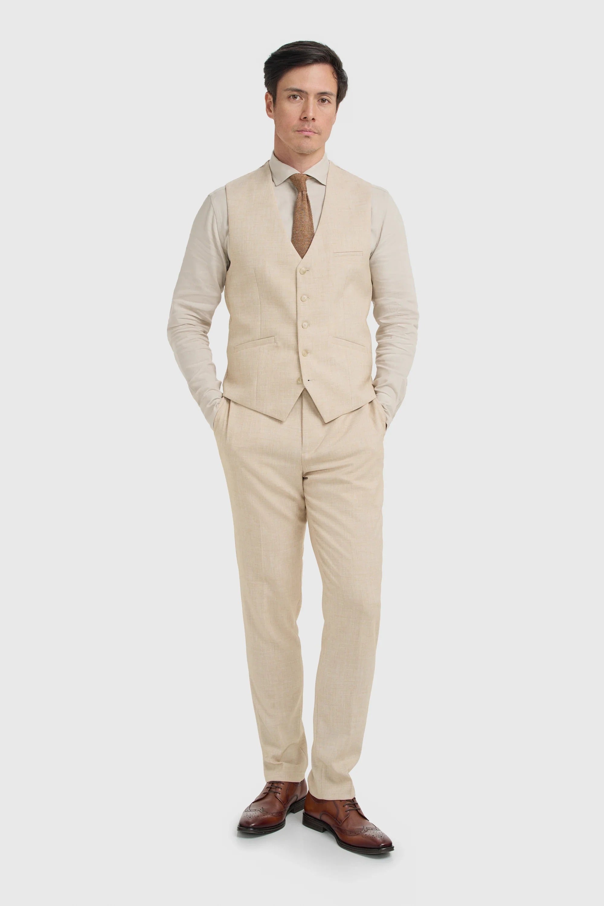 Malibu - Beige driedelig pak met textuur voor heren