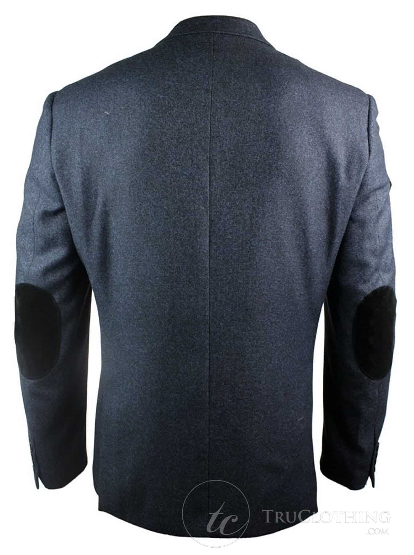Mens Navy Blue Vintage Twead Blazer Jacket Black Velvet Elbow Smart Casual