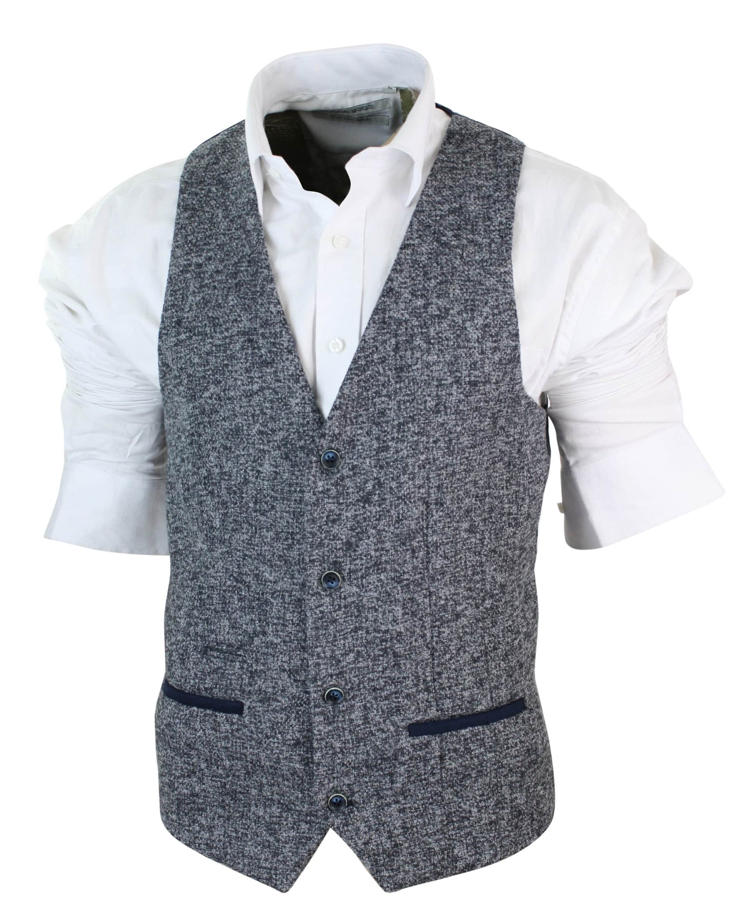 Mens Grey Blue Herringbone Tweed Slim Fit Chunky Waistcoat Blazer Smart Casual