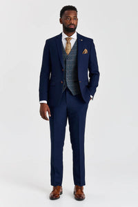 Mayfair marineblauw pak met textuur en Harris marineblauw contrasterend tweed vest.