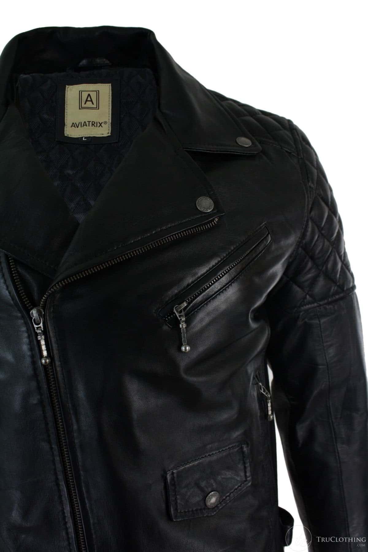 Real Leather Cross Zip Mens Biker Jacket Black Tailored Fit Retro Casual