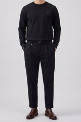 Heren sweatshirt met ronde hals, lange mouwen, stretchstof, zwarte katoenmix.