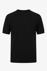 Zwart gebreid T-shirt voor heren, normale pasvorm, ronde hals, korte mouwen.