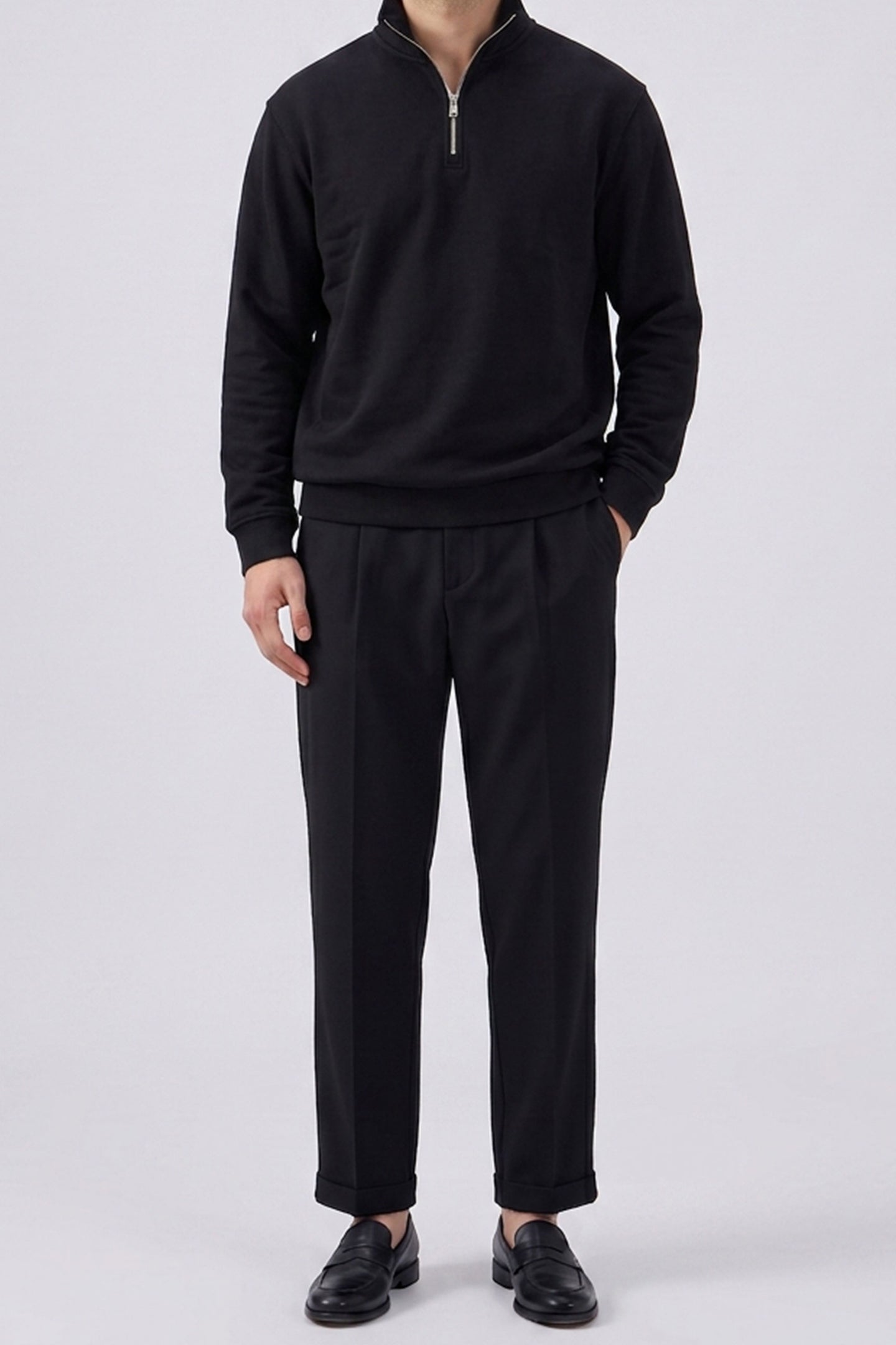 Herensweatshirt met kwartrits, katoenmix, trechterhals.