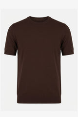Bruin gebreid T-shirt voor heren, normale pasvorm, ronde hals, korte mouwen.