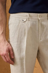 Herenset: bruin linnen jack met rits en beige broek, smart casual zomeroutfit