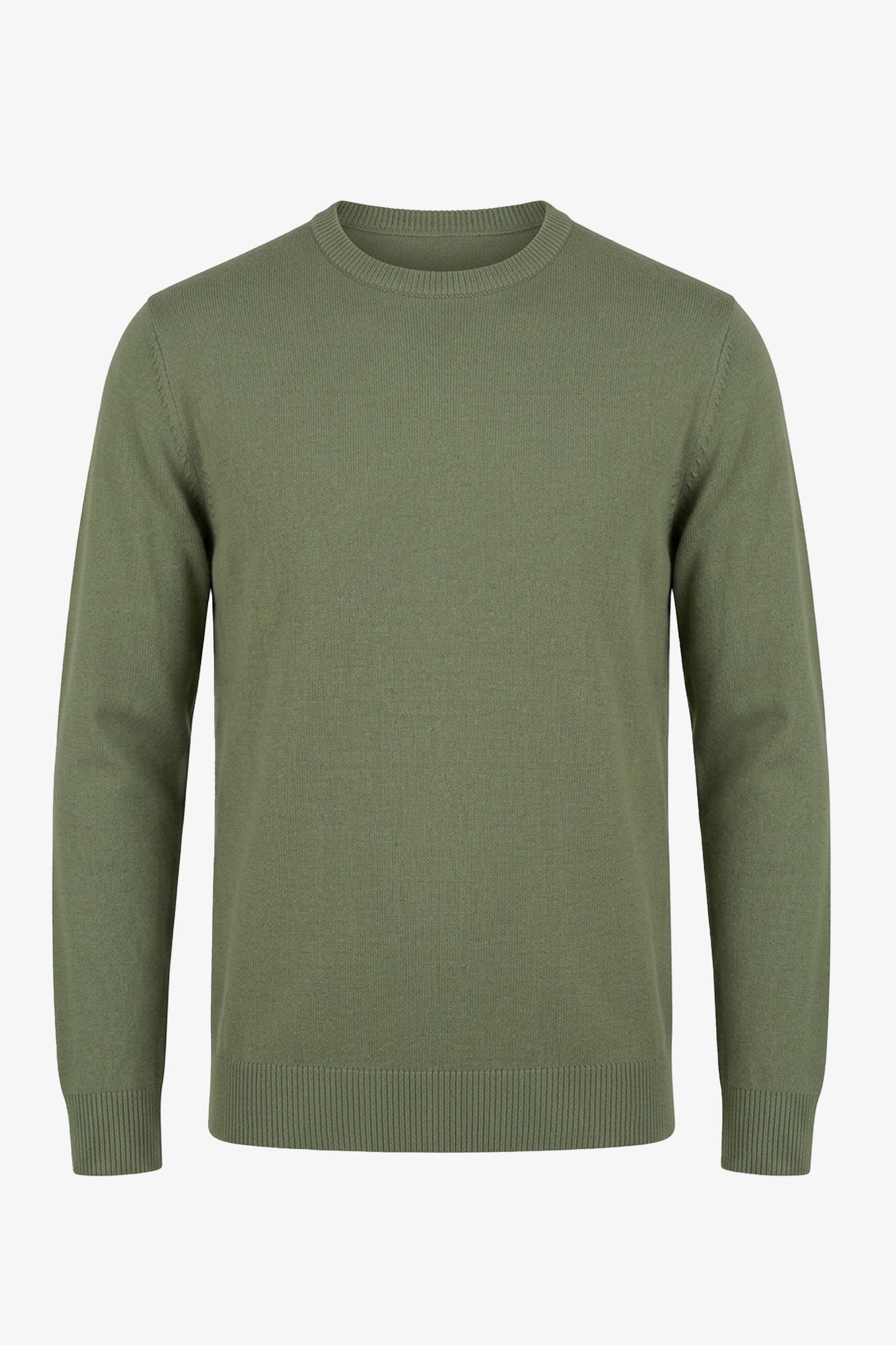 Groene gebreide trui met ronde hals voor heren, normale pasvorm.