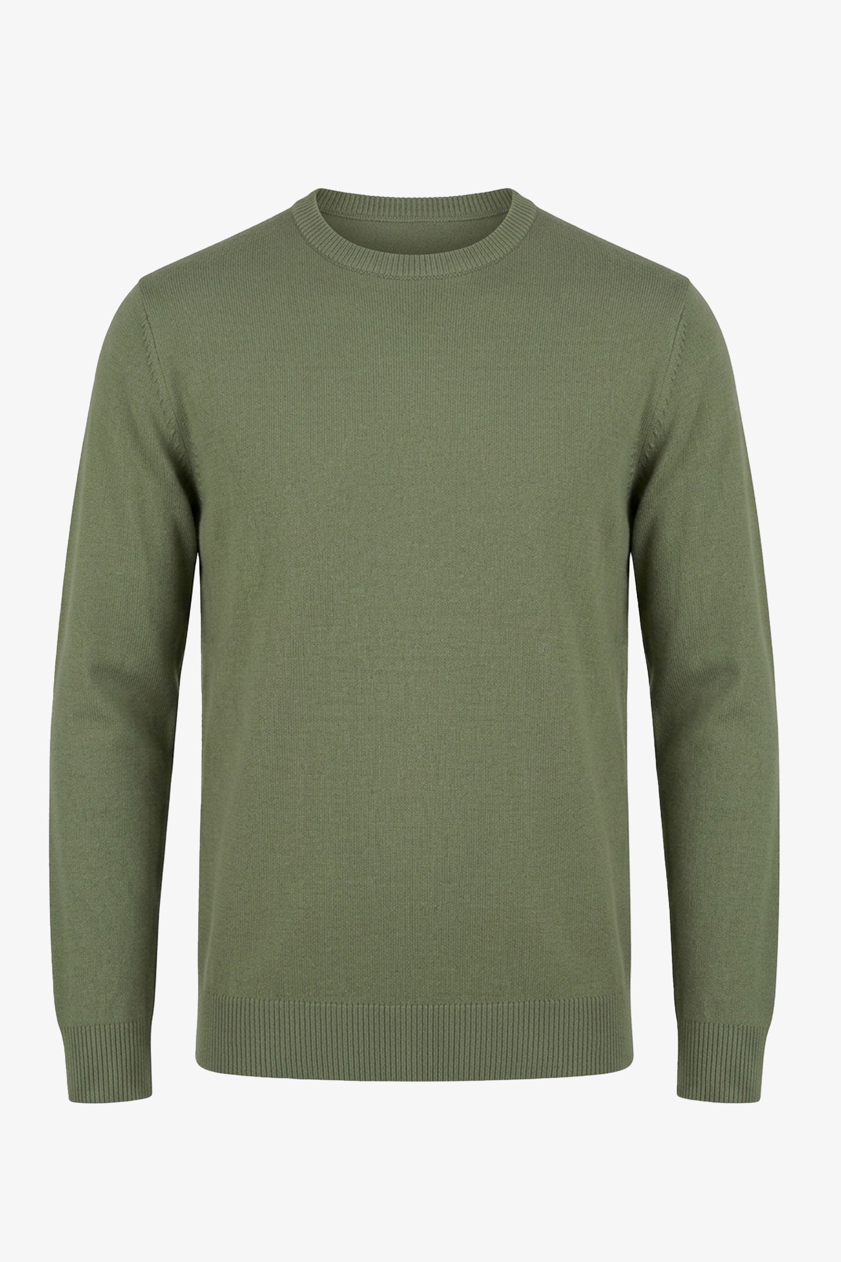 Groene gebreide trui met ronde hals voor heren, normale pasvorm.