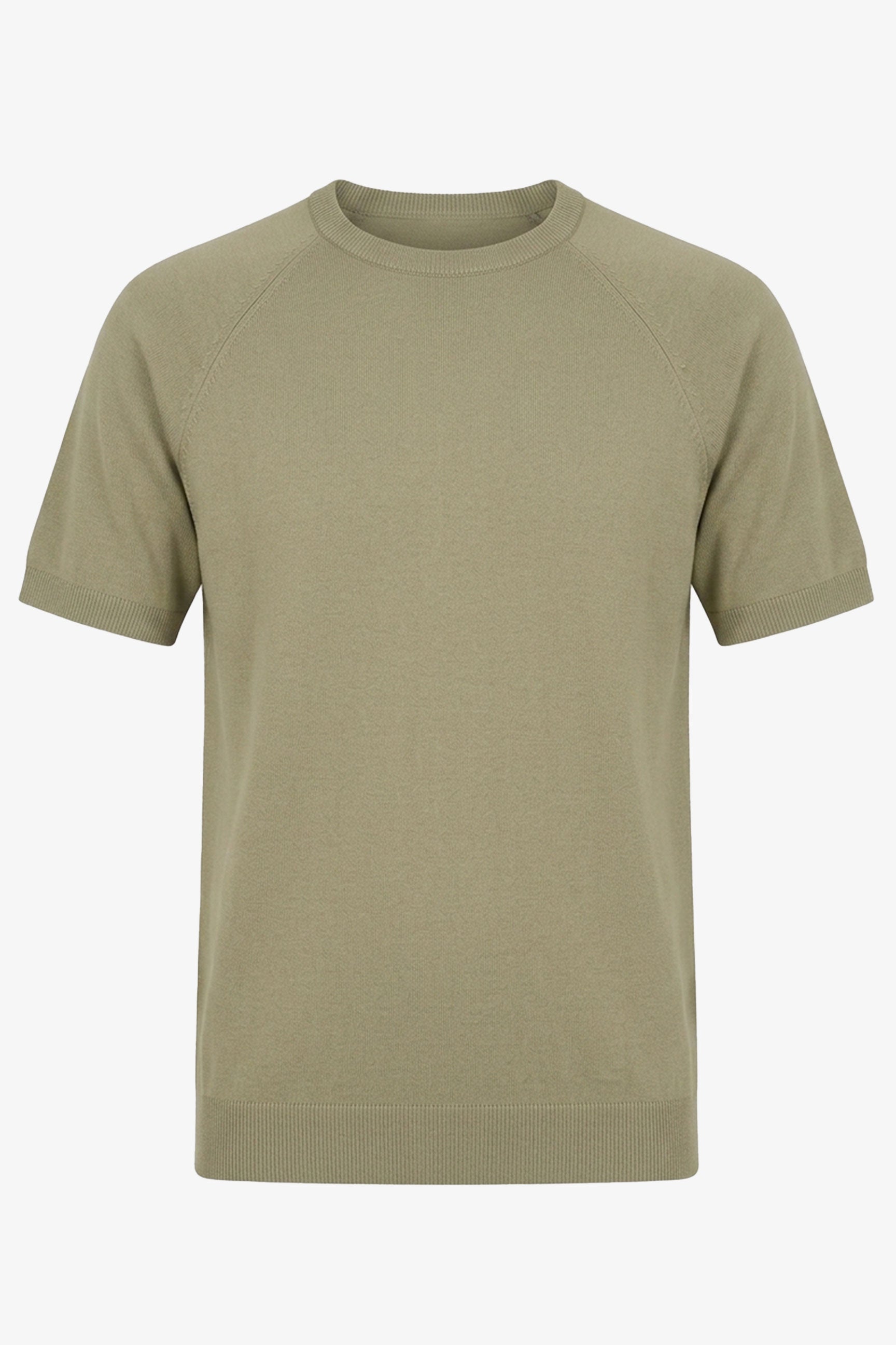 Klassiek gebreid T-shirt voor heren in kaki met korte mouwen en ronde hals.