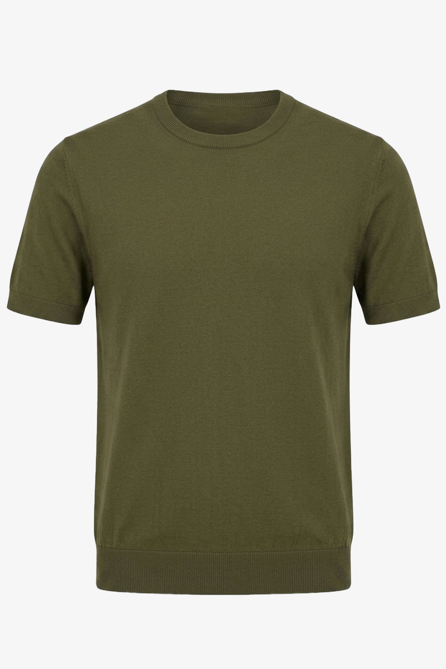 Olijfgroen gebreid T-shirt voor heren, normale pasvorm, ronde hals, korte mouwen.