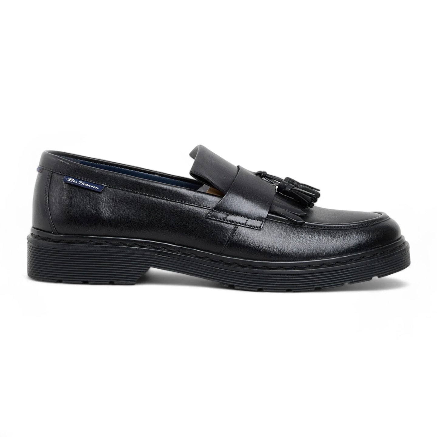 Zwarte leren loafers met dikke zool en kwastjes voor heren