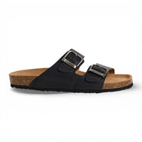 Zwarte leren instapsandalen voor heren met voetbed.