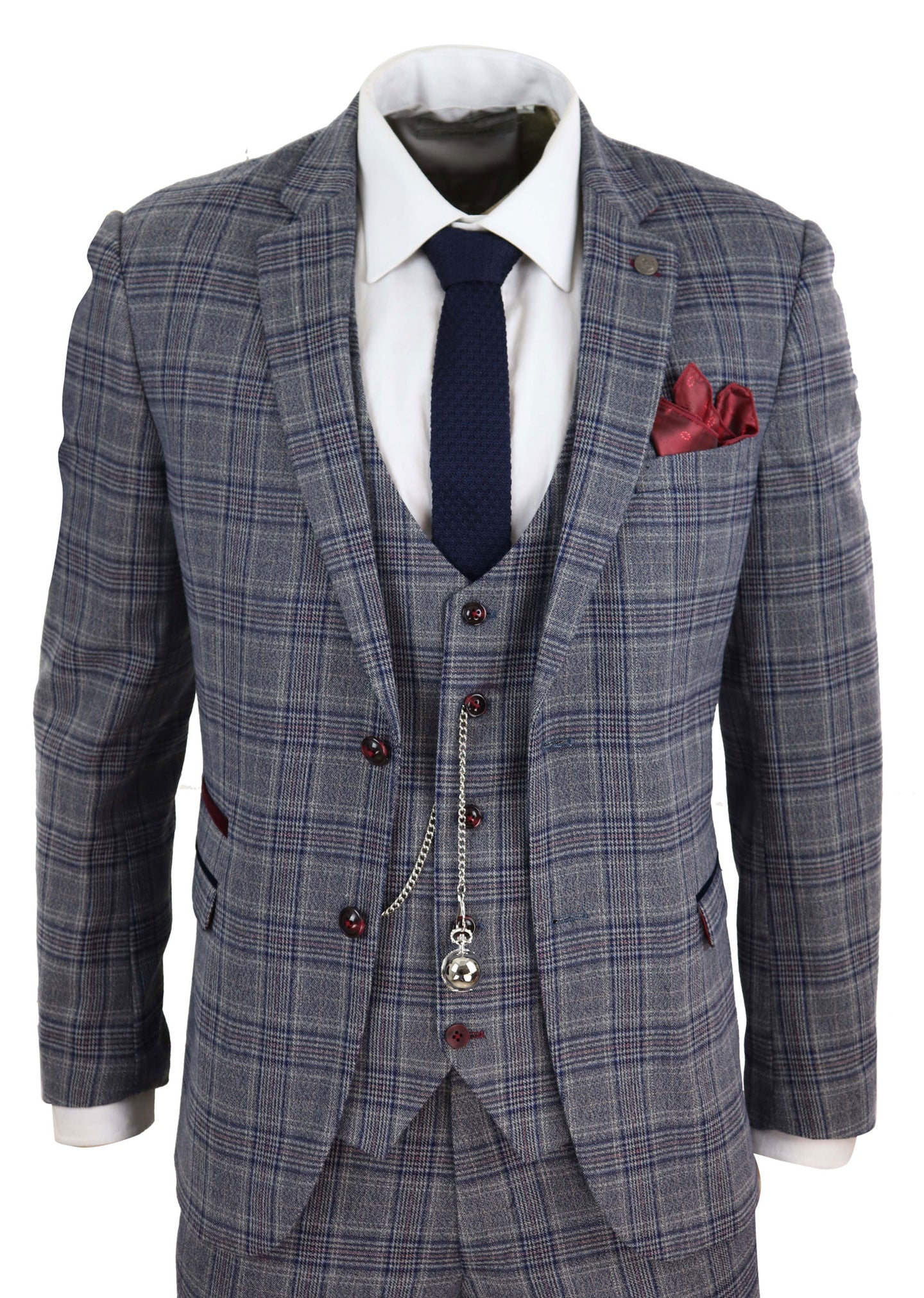 Mens Blue Grey Checkered 3 Piece Suit